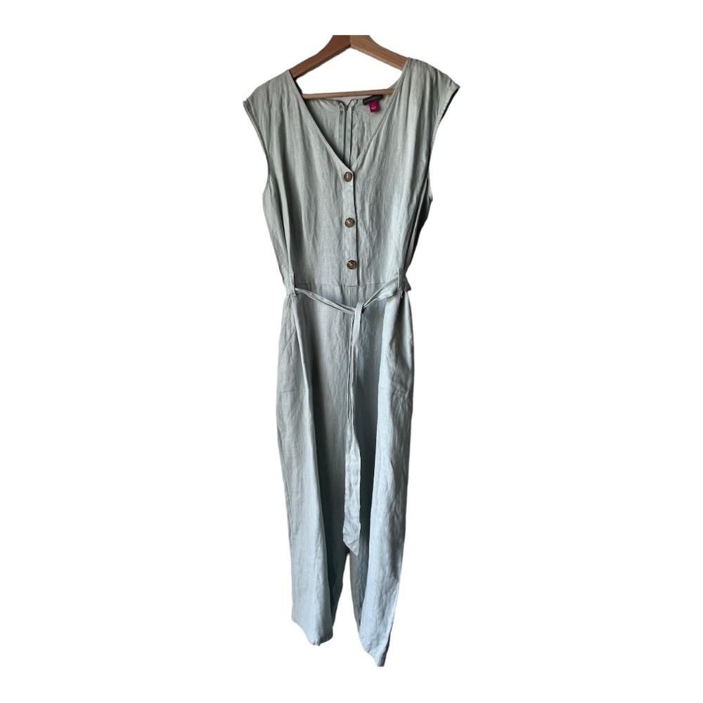 100% LINEN jumpsuit VINCE CAMUTO Sleeveless Bow Tie Mock Neck green SIZE L.